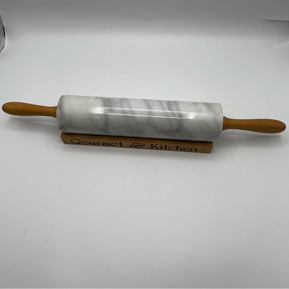Gourmet Kitchen Heavy Marble Rolling Pin With Wood Cradle Stand near perfect c